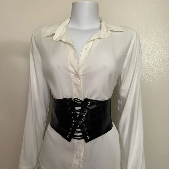 Black faux leather wide elastic waistband lace up corset belt - Picture 2 of 7